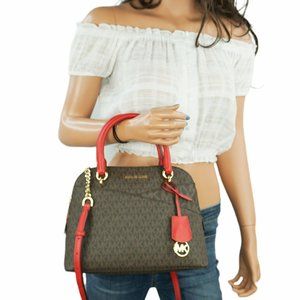 Michael Kors Jet Set Travel Medium Dome XCROSS Satchel Shoulder Bag MK Brown Red